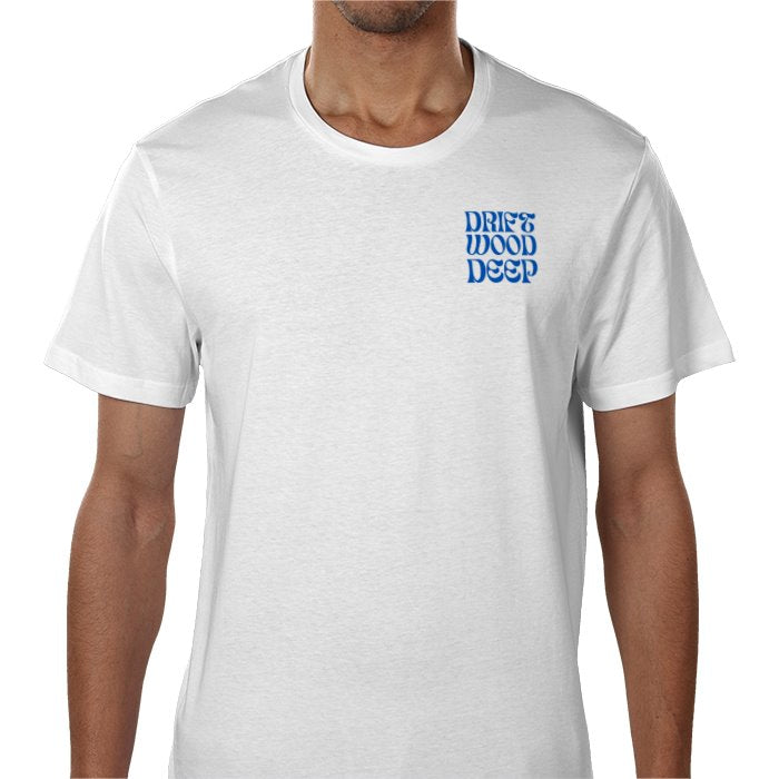 White t-shirt with blue text on a white background