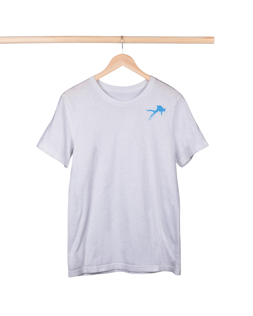 White t-shirt with a blue logo on a wooden hanger against a white background