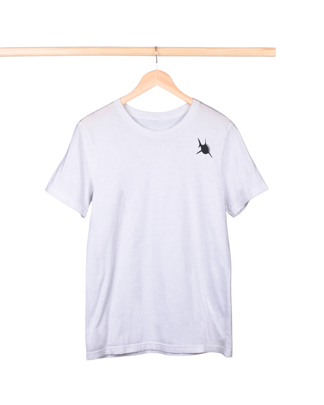 White t-shirt with a small black logo on a wooden hanger against a white background