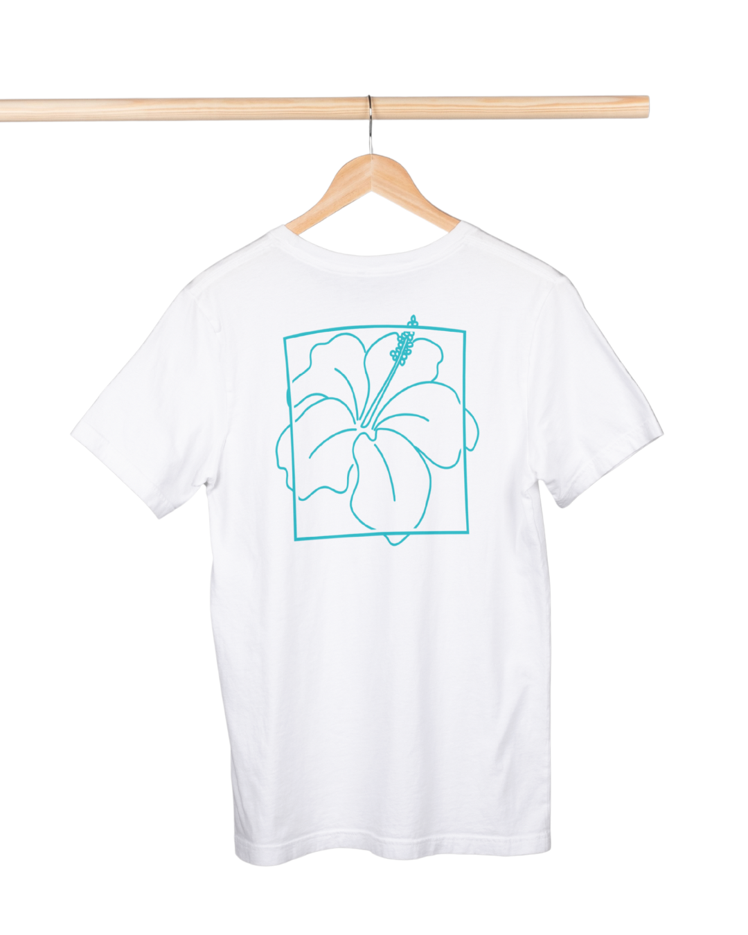 White t-shirt with a blue floral design on a hanger against a white background