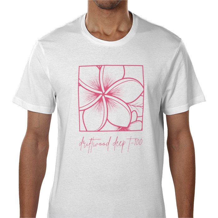 A white crew neck t-shirt with a red floral design and the text 'florid deep' printed on the front.