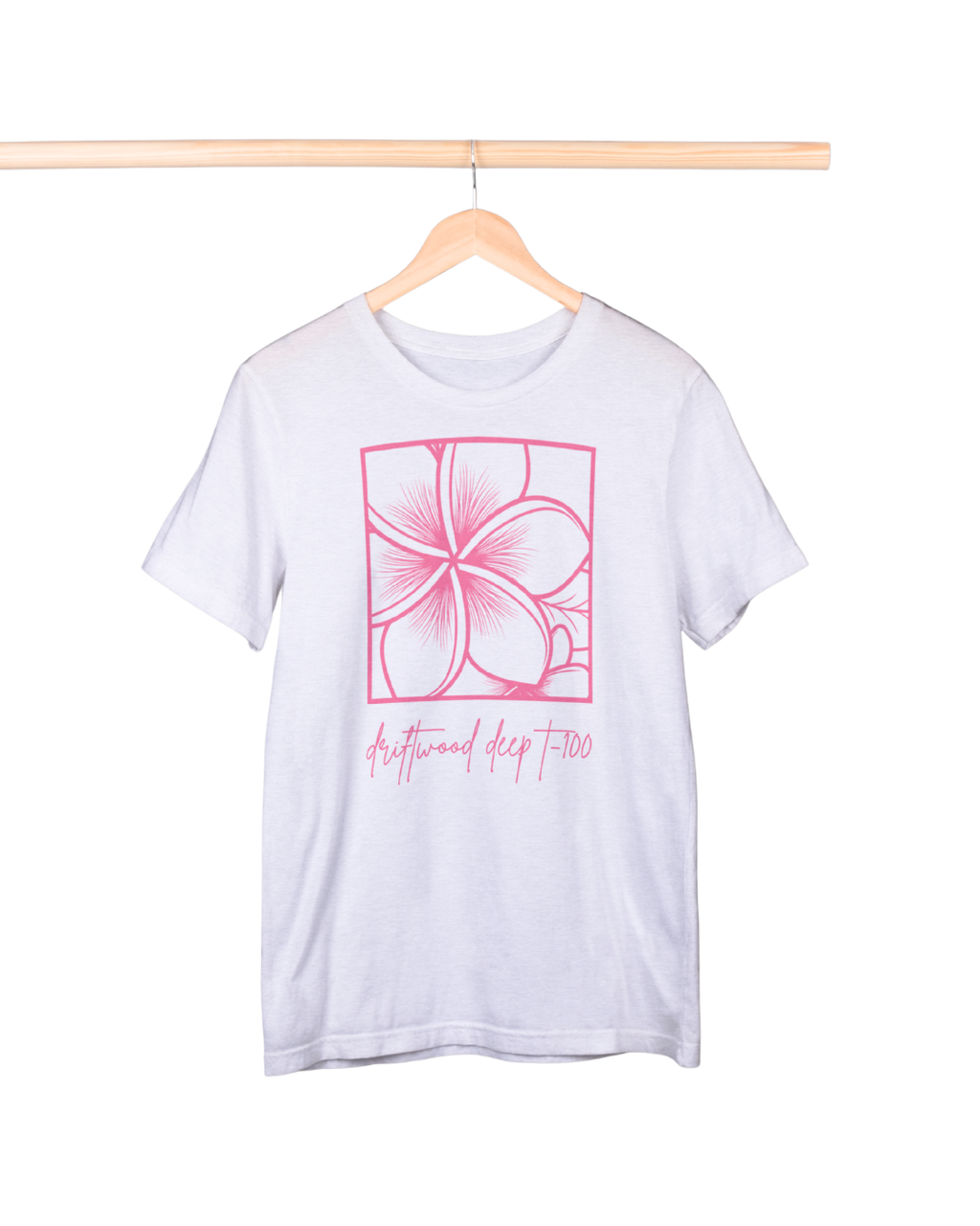 White t-shirt with pink floral design and text on a hanger against a white background