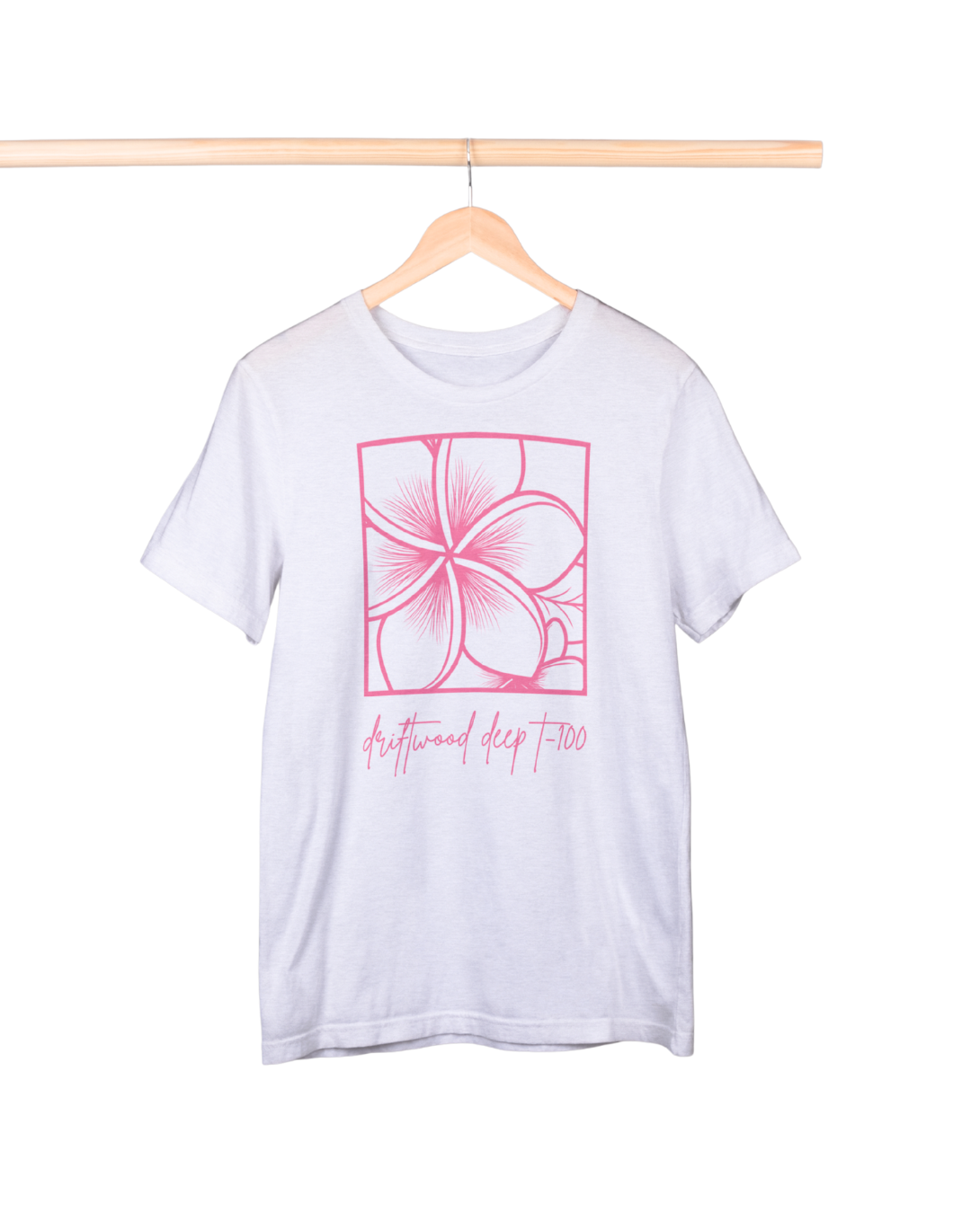 White t-shirt with pink floral design and text on a hanger against a white background
