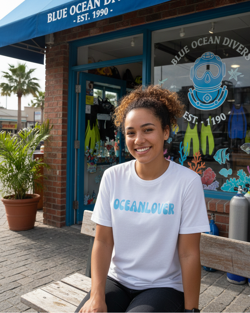 Woman wearing an 'OCEANLOVER' t-shirt sitting in front of Blue Ocean Divers store.