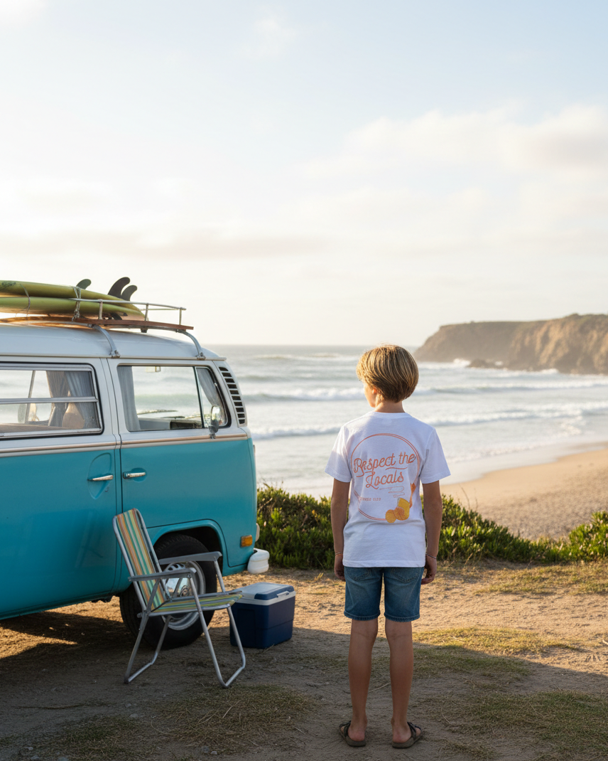Person standing next to a vintage van by the ocean with a surfboard on top.