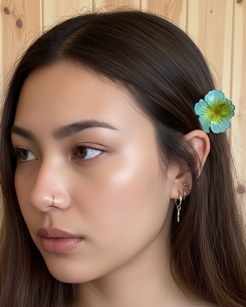 Woman with a flower in her hair against a wooden background