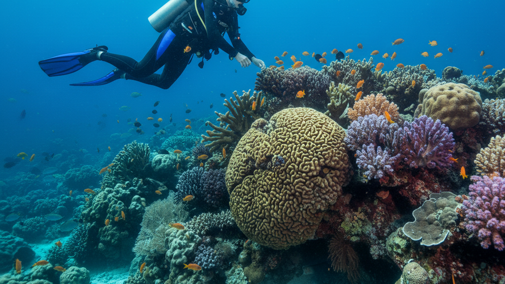 Scuba diver exploring a vibrant coral reef with colourful fish.