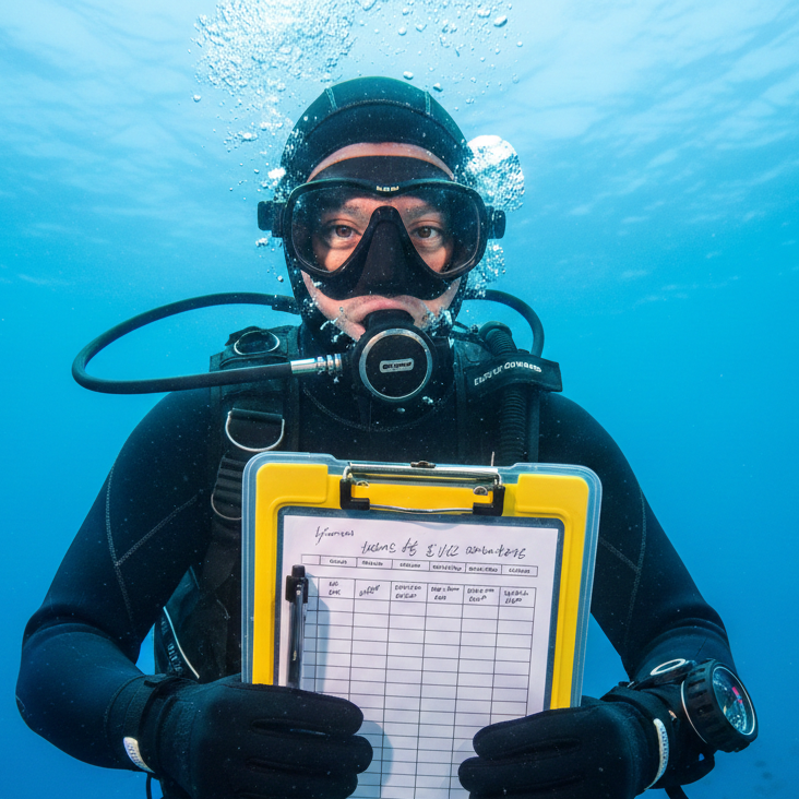 Diver holding a clipboard with notes underwater