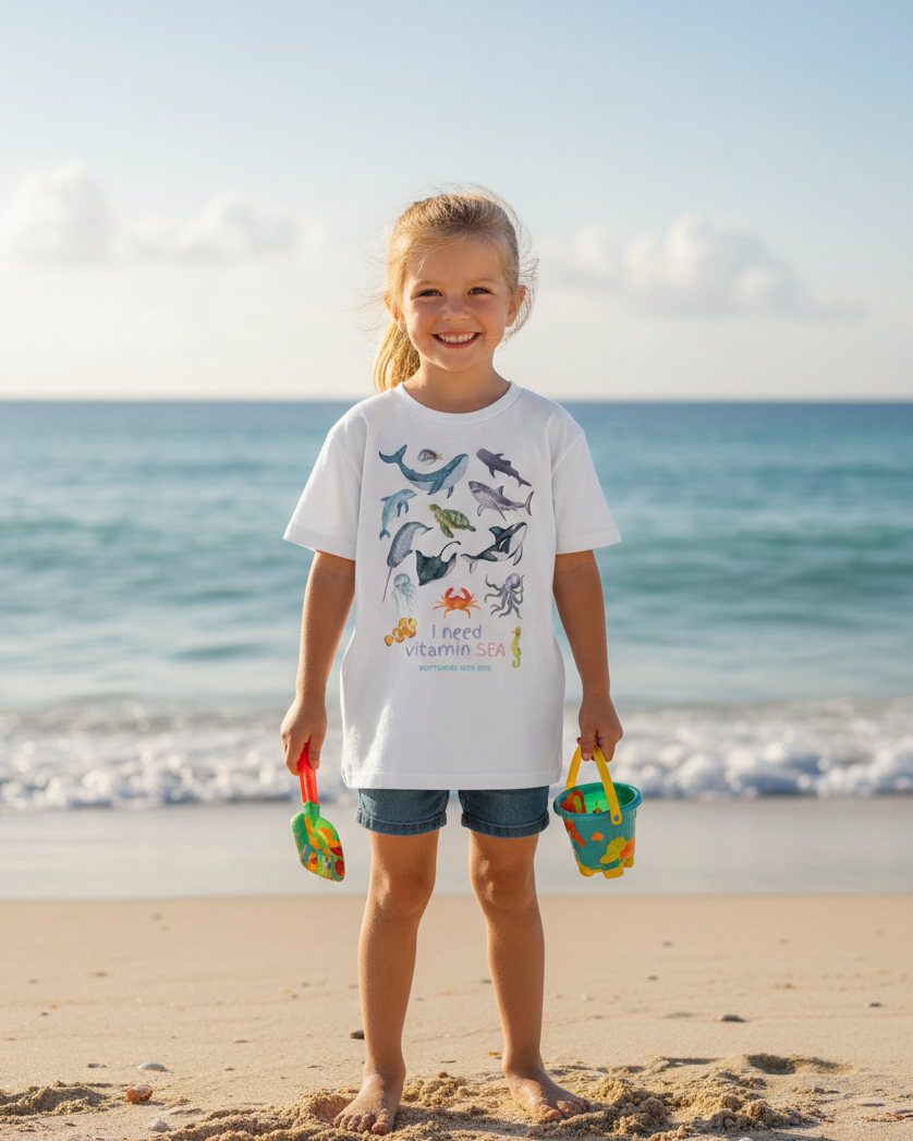 Young girl on a beach holding sand toys with a white shirt featuring sea-themed graphics.
