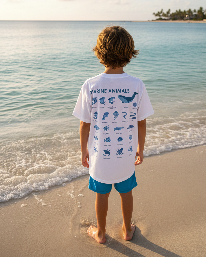 Child standing on a beach wearing a white t-shirt with marine animal illustrations.