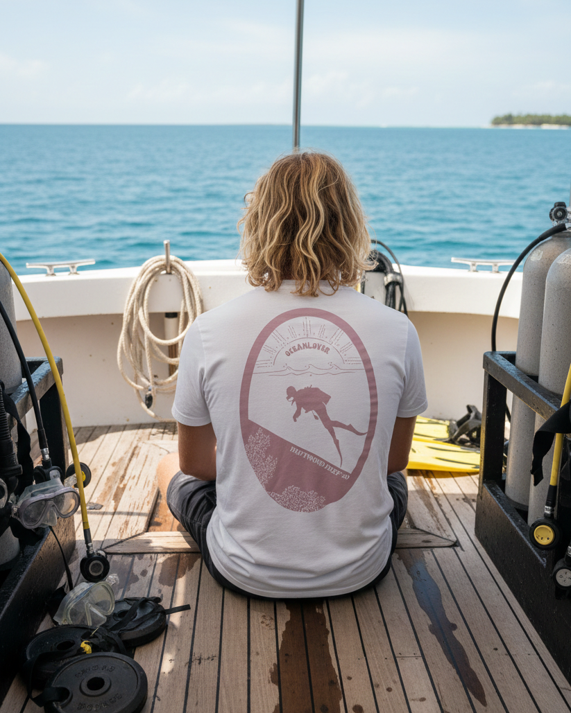 Person sitting on a boat deck with diving equipment, looking out at the ocean.