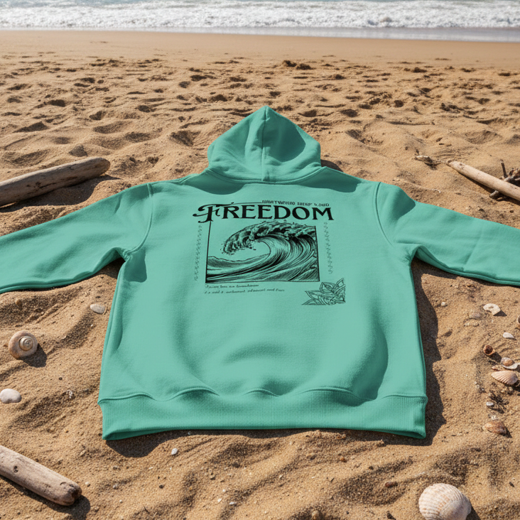 Green hoodie with 'Freedom' graphic on a sandy beach with ocean waves in the background