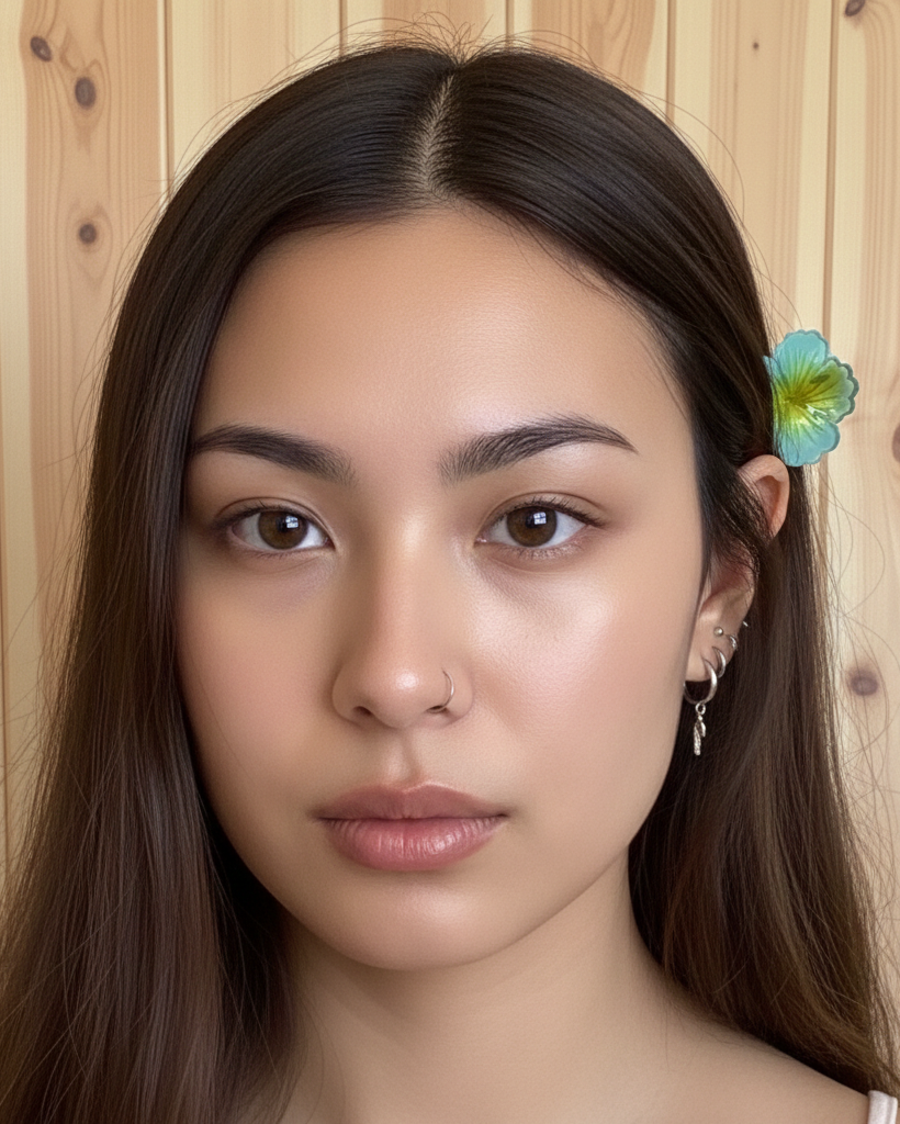 Woman with a flower in her hair against a wooden background