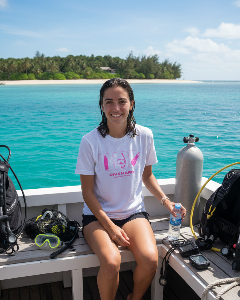 Person sitting on a boat with diving equipment and a scenic background