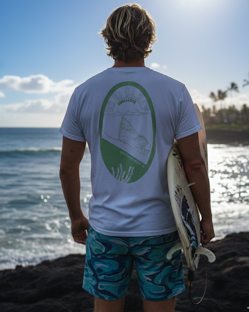 Person holding a surfboard on a beach with ocean and sky in the background
