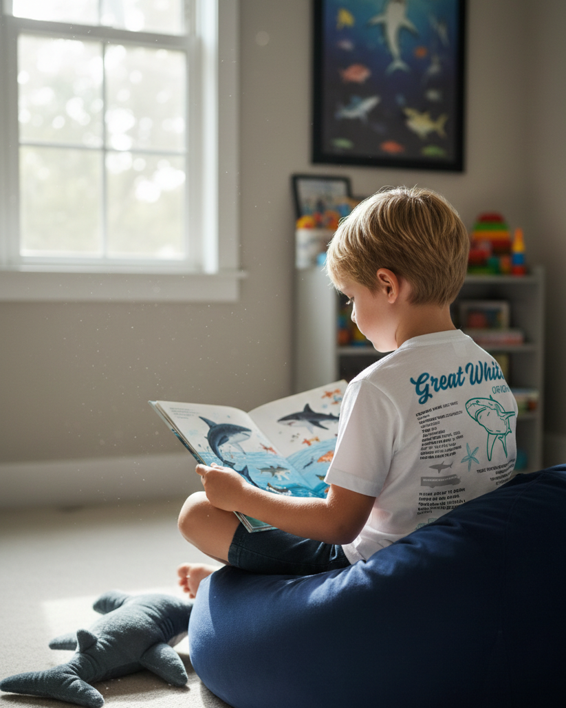 Child reading a book on a bean bag chair in a room with toys and a window.