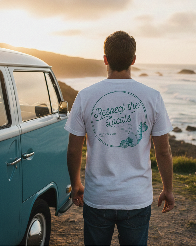 Man wearing a 'Respect the Locals' t-shirt by a van by the beach at sunset.