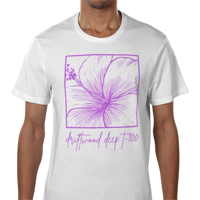 White t-shirt with purple floral design and text on a white background