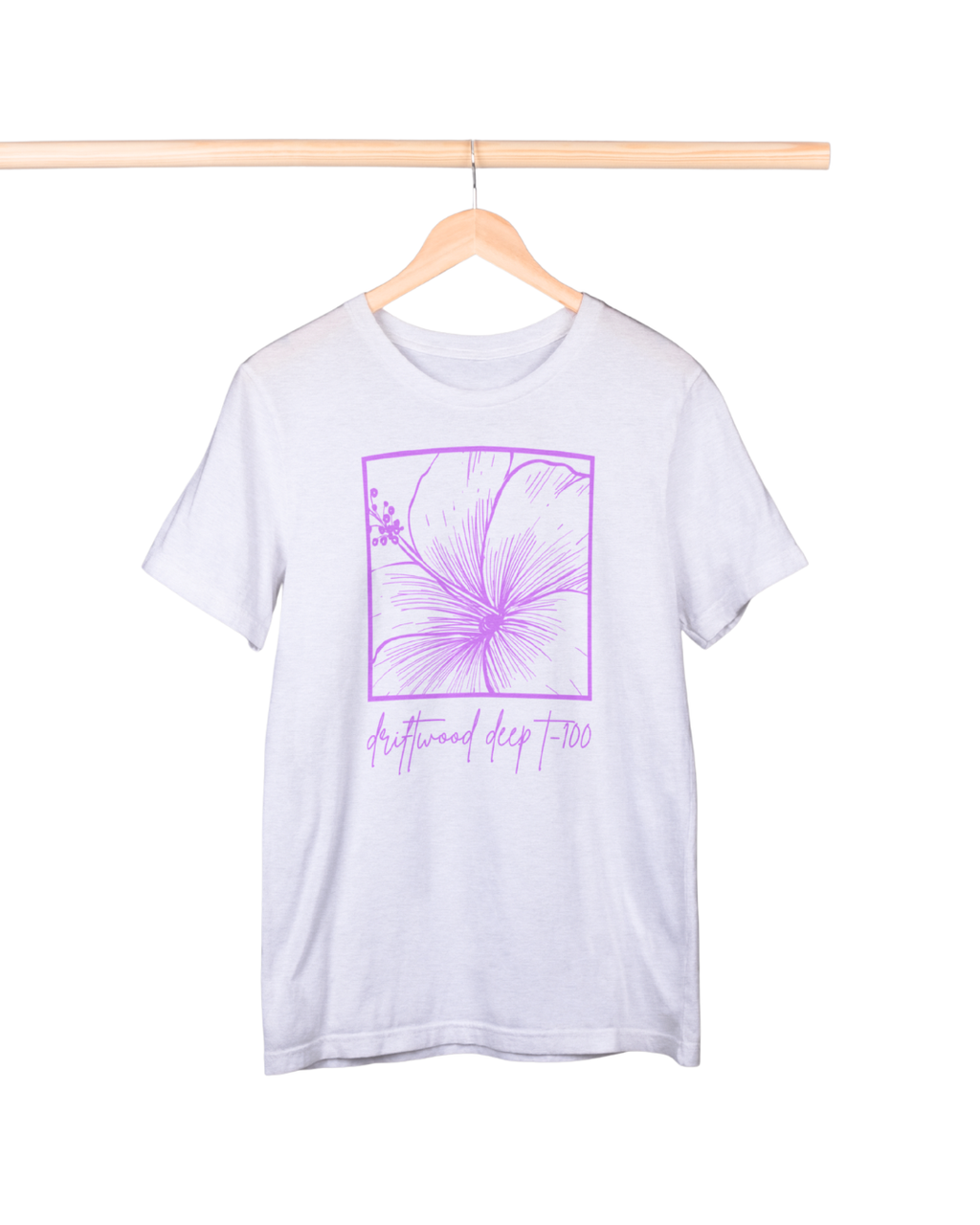 White t-shirt with purple floral design and text on a hanger against a white background