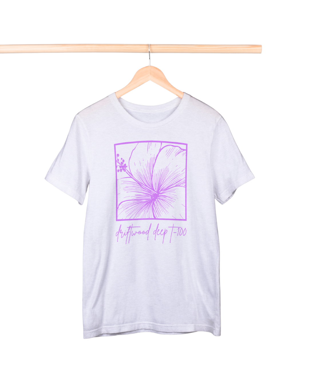 White t-shirt with purple floral design and text on a hanger against a white background
