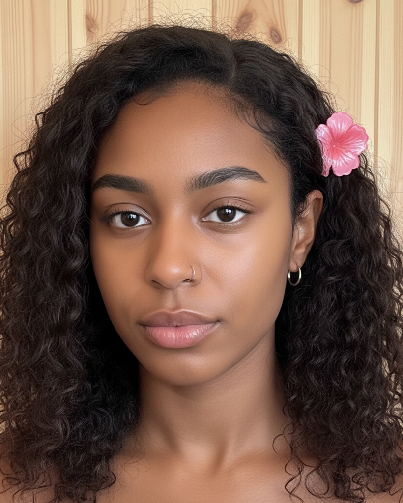 Woman with curly hair featuring a pink flower accessory against a wooden background