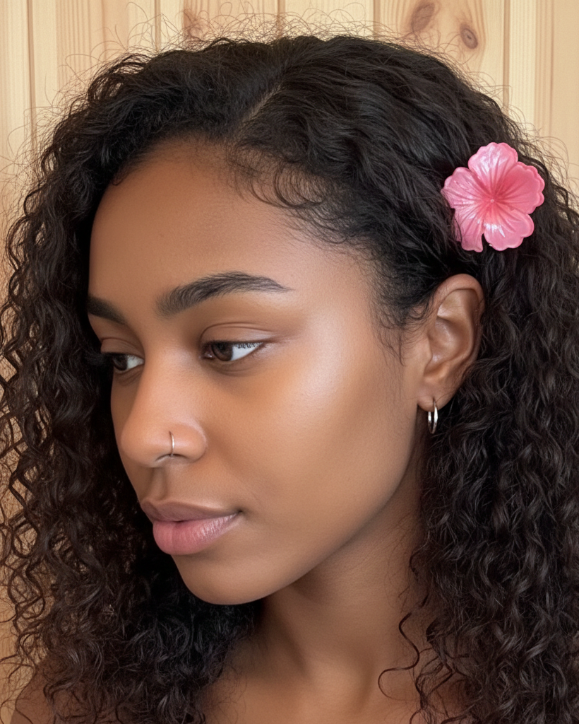 Woman with curly hair featuring a pink flower accessory against a wooden background