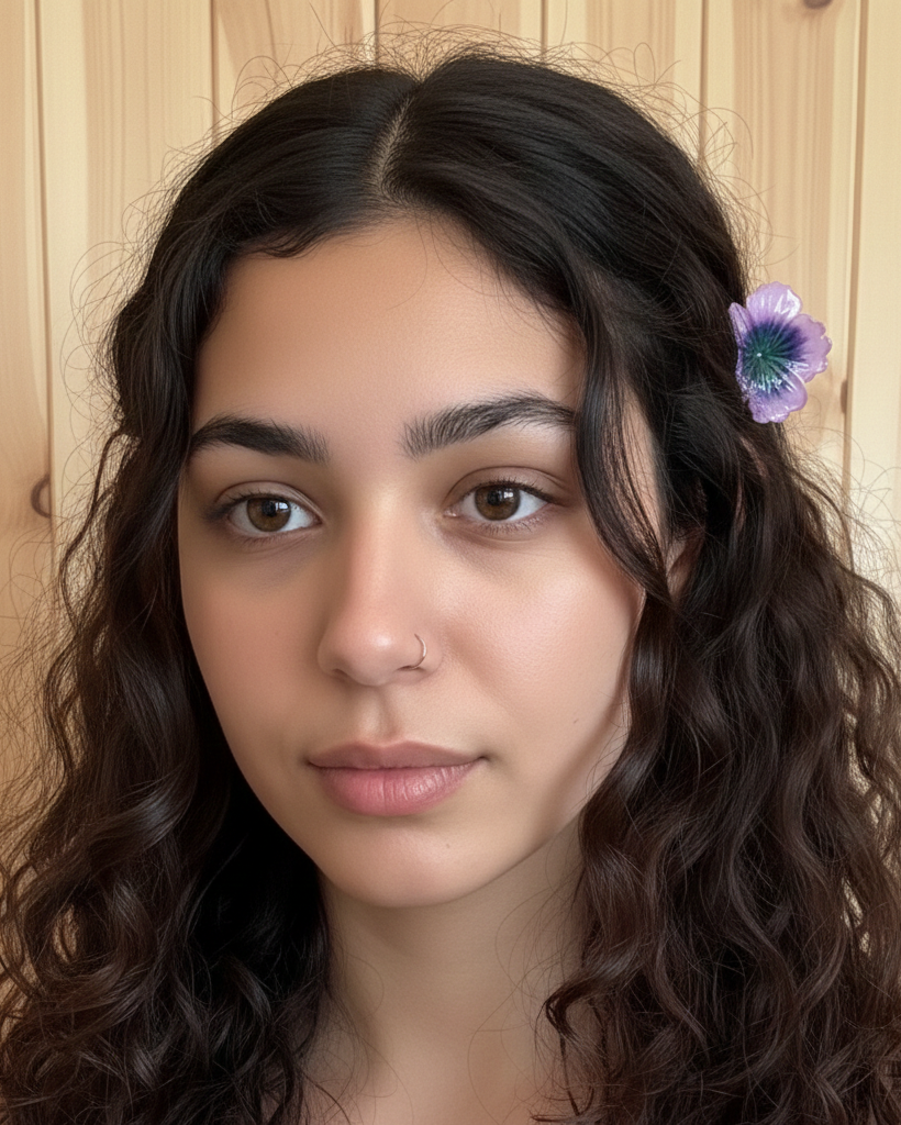 Woman with wavy hair and a flower in her hair against a wooden background