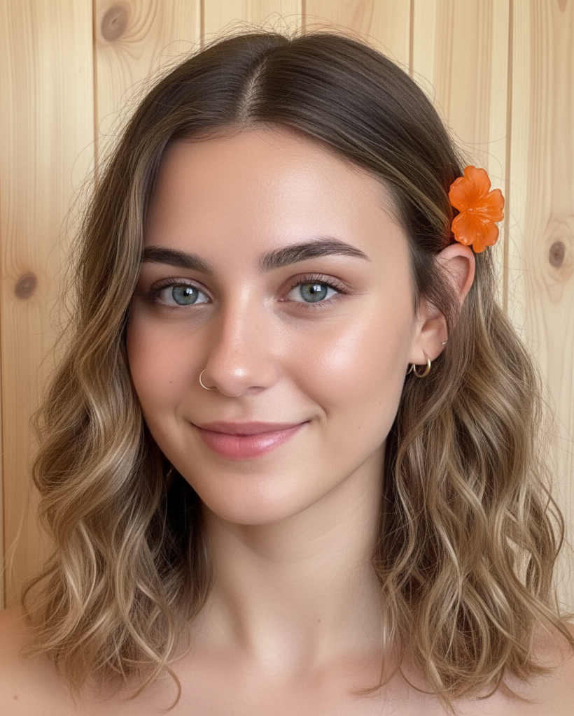 Woman with wavy hair and an orange flower clip against a wooden background