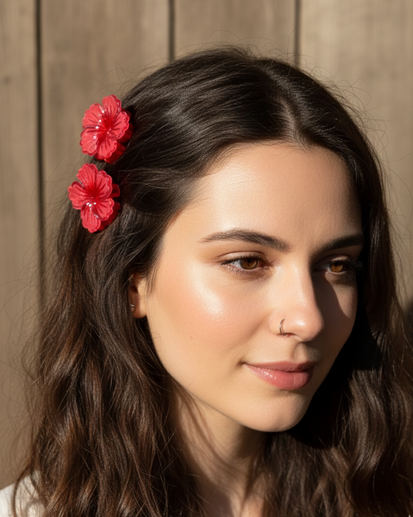 Woman with red floral hair clips against a wooden background