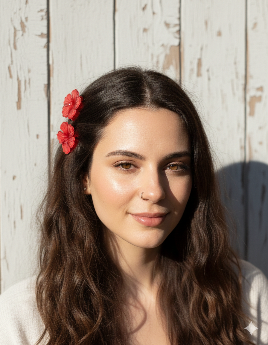 Woman with red flowers in her hair against a wooden background