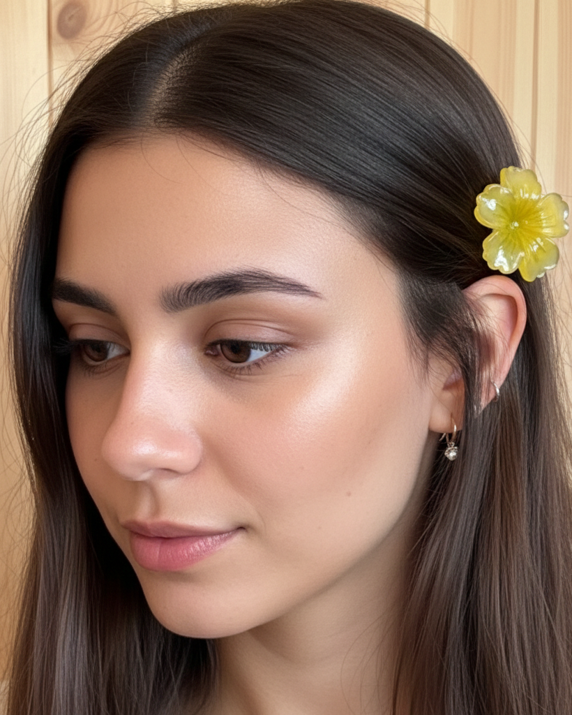 Woman with a yellow flower in her hair against a wooden background