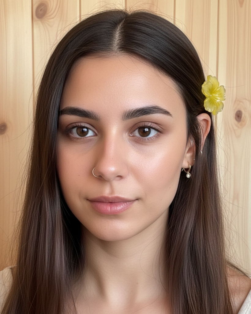 Woman with a yellow flower in her hair against a wooden background