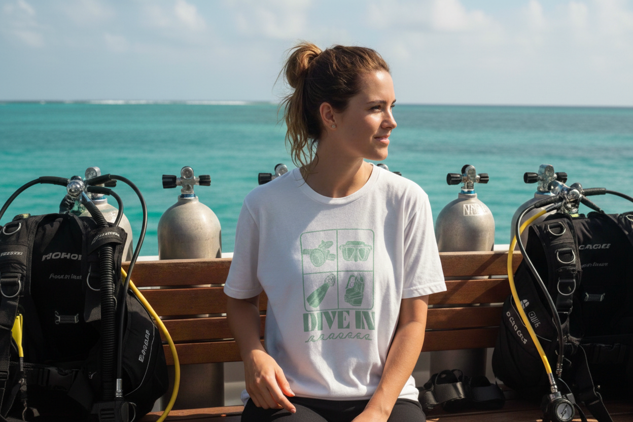 Woman sitting on a bench with scuba diving equipment, ocean in the background