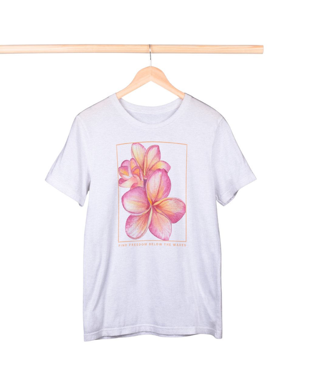 White t-shirt with a pink flower graphic on a hanger against a white background