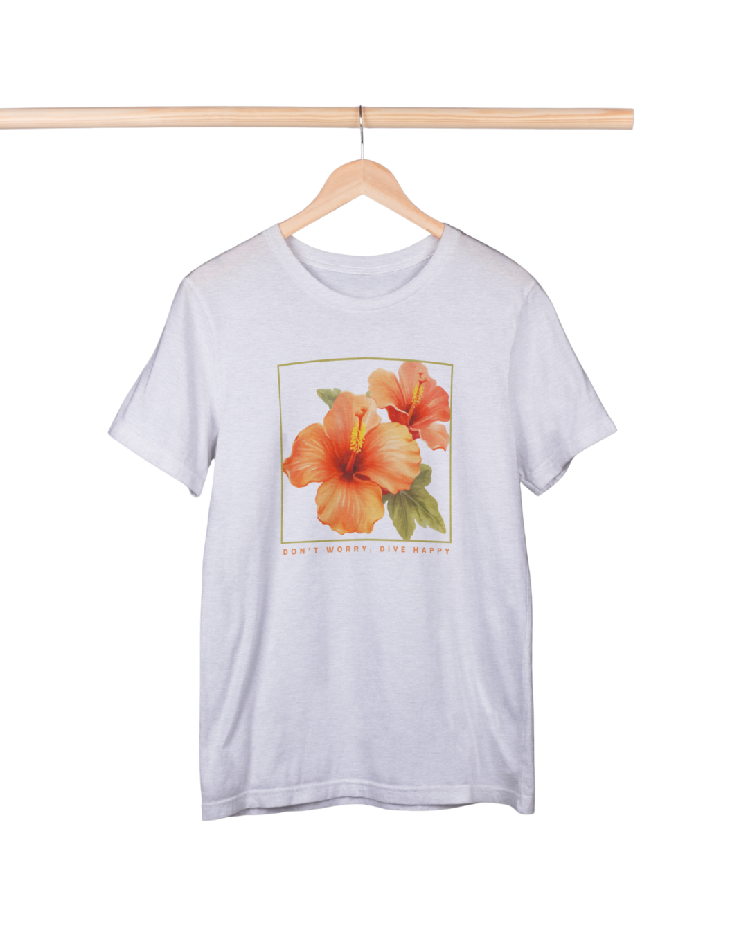 White t-shirt with a floral design on a hanger against a white background