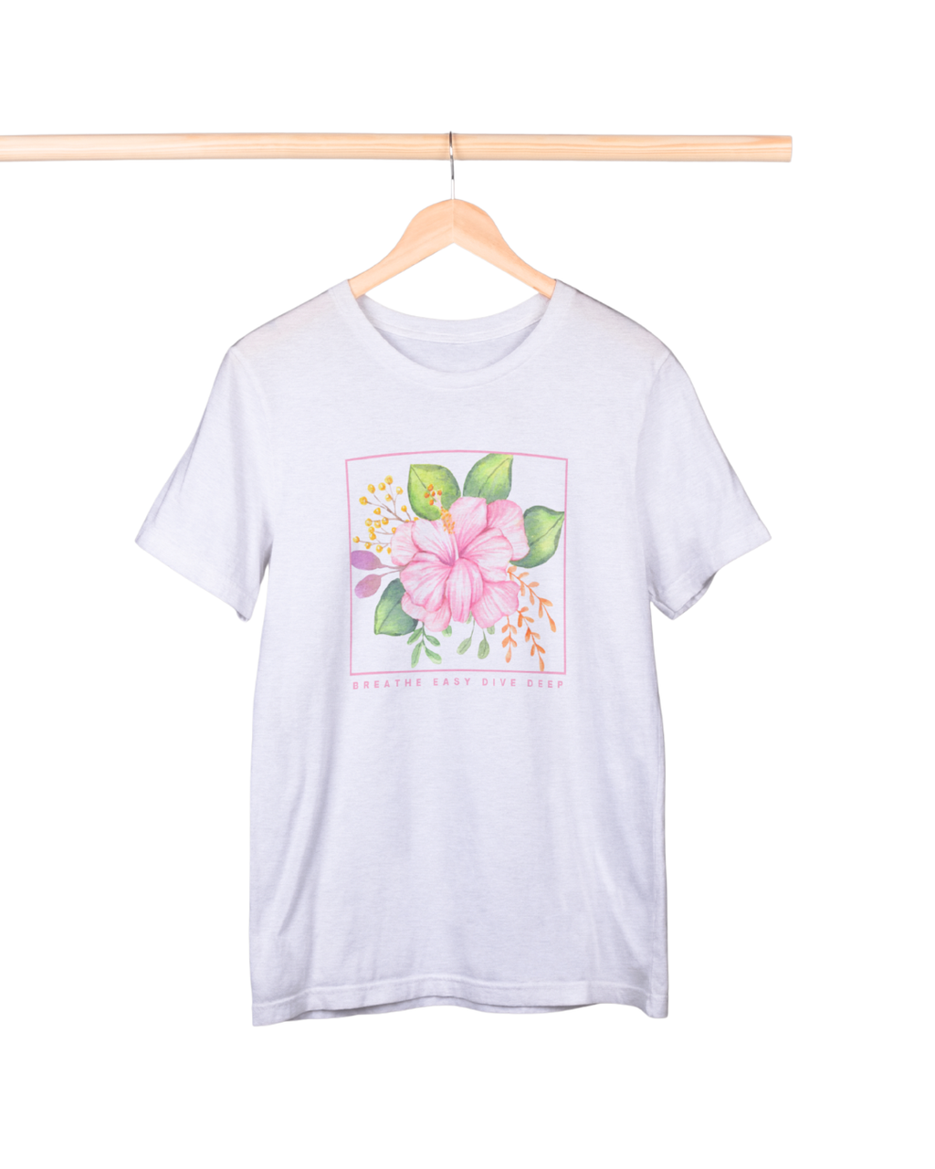 White t-shirt with floral design on a hanger against a white background