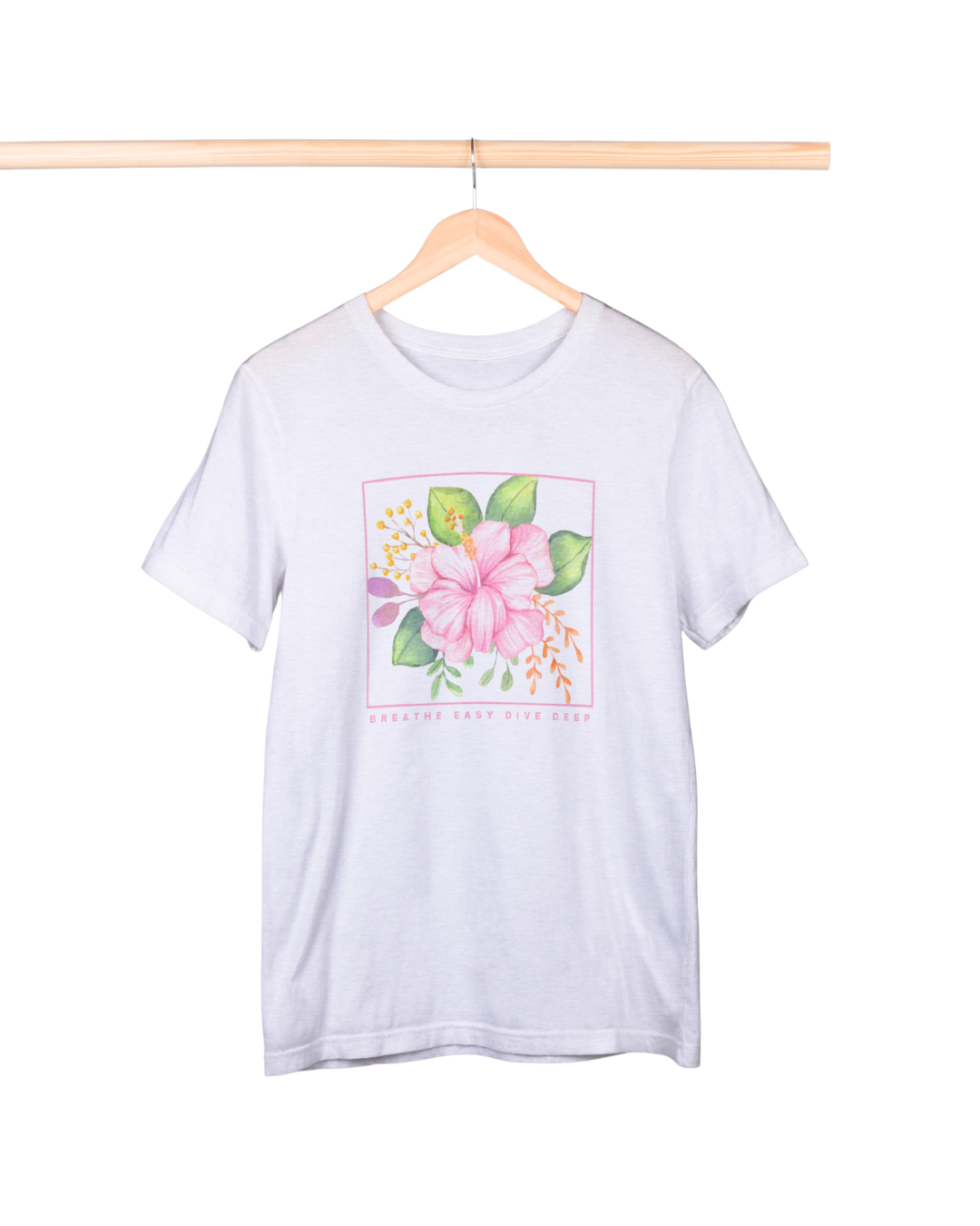 White t-shirt with floral design on a hanger against a white background