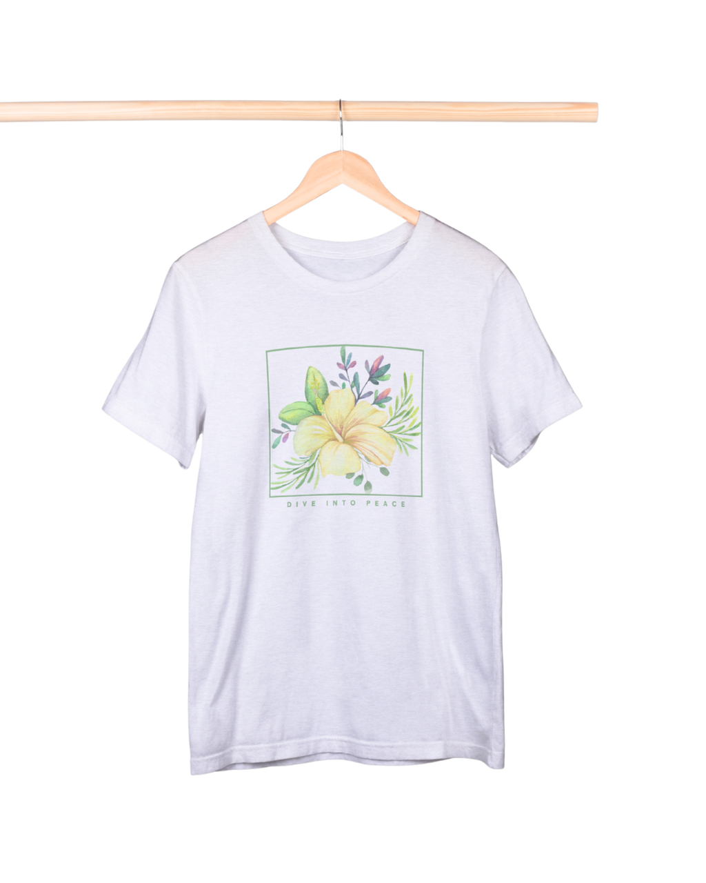 White t-shirt with floral design on a hanger against a white background