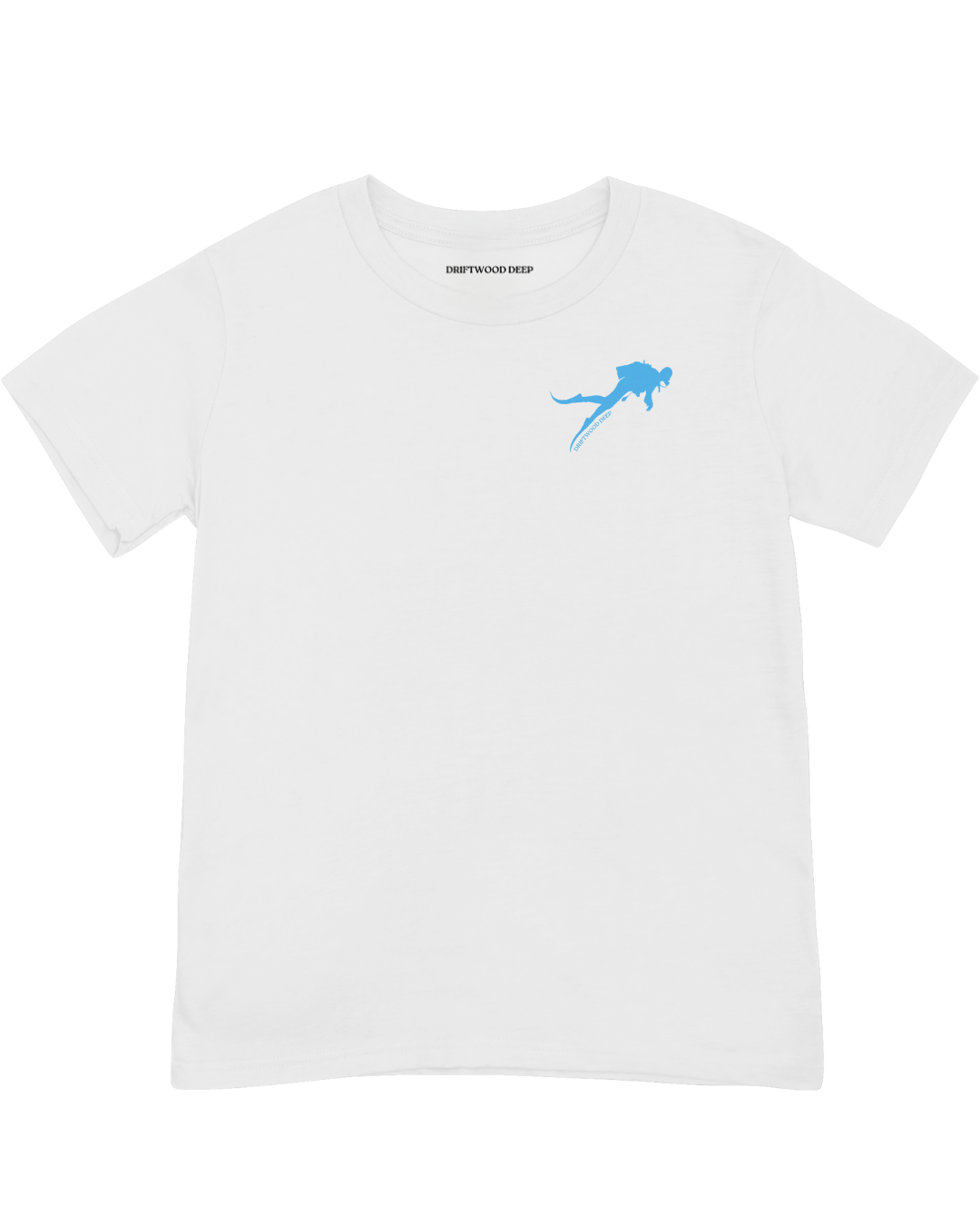White t-shirt with a blue graphic on a white background