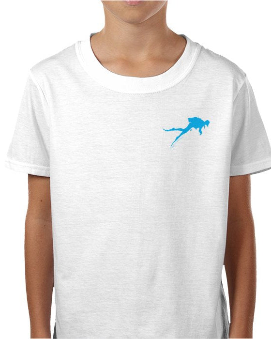 White t-shirt with a blue scuba diver graphic on a white background