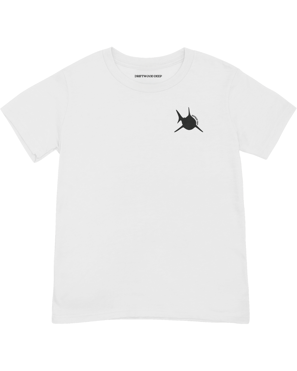 White t-shirt with black logo on a white background