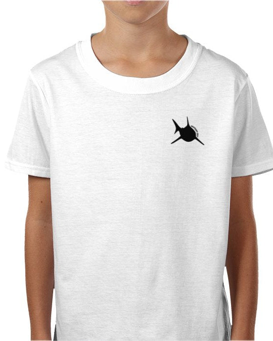 White t-shirt with a black graphic on a white background