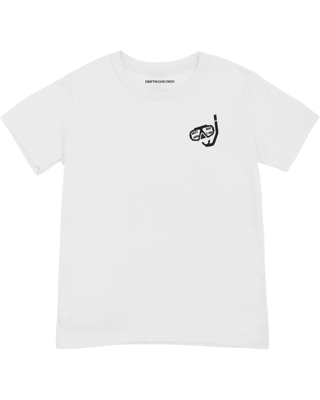 White t-shirt with black graphic design on a white background