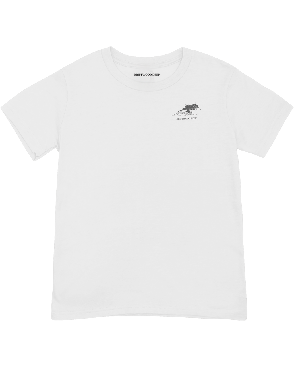 White t-shirt with small logo and text on a white background