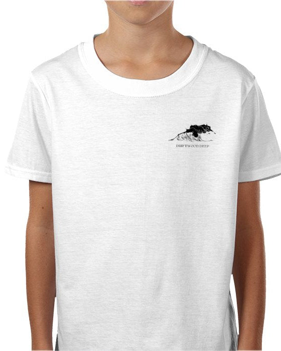 White t-shirt with a small logo on a white background