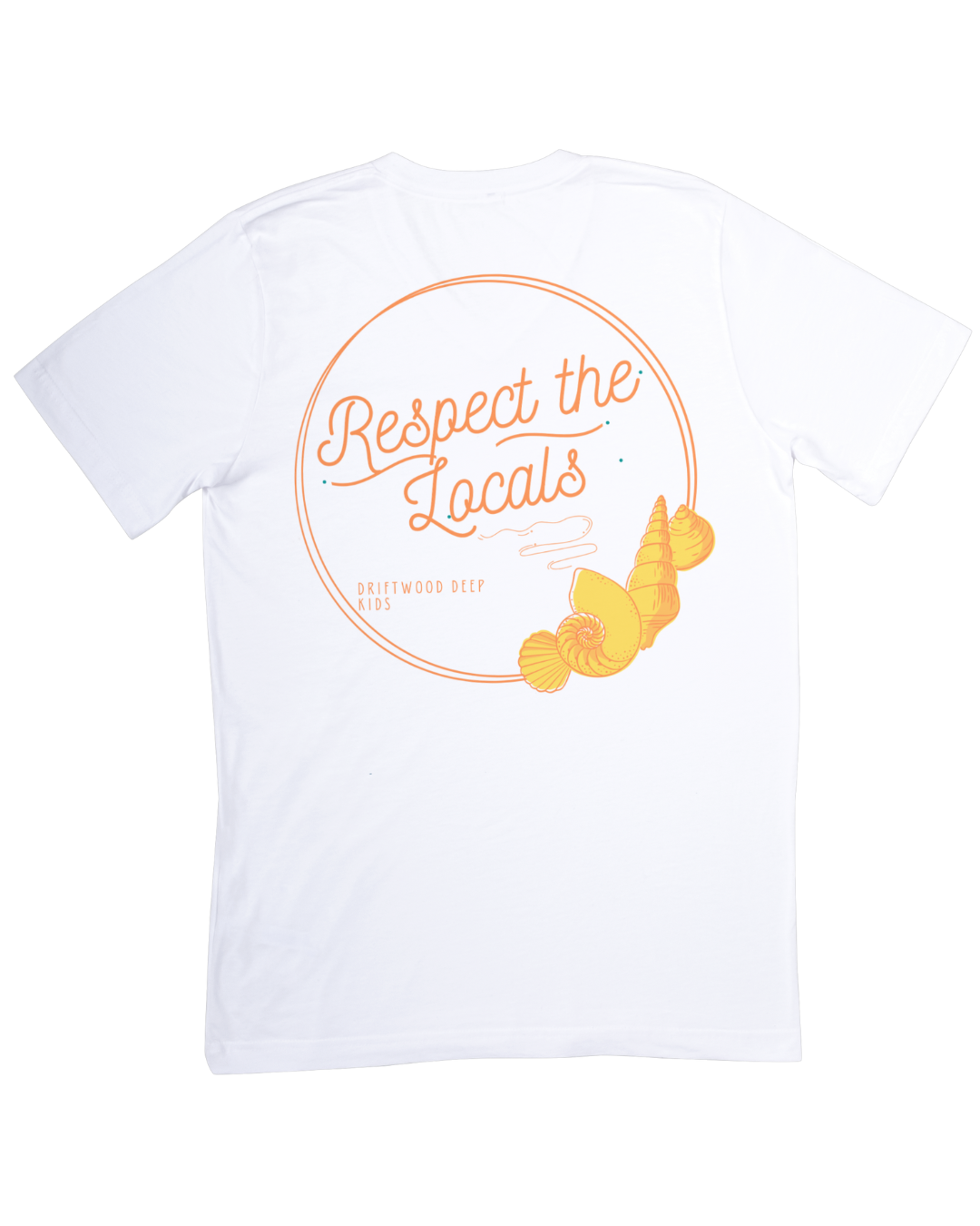 White t-shirt with 'Respect the Locals' text and fish graphic on a white background