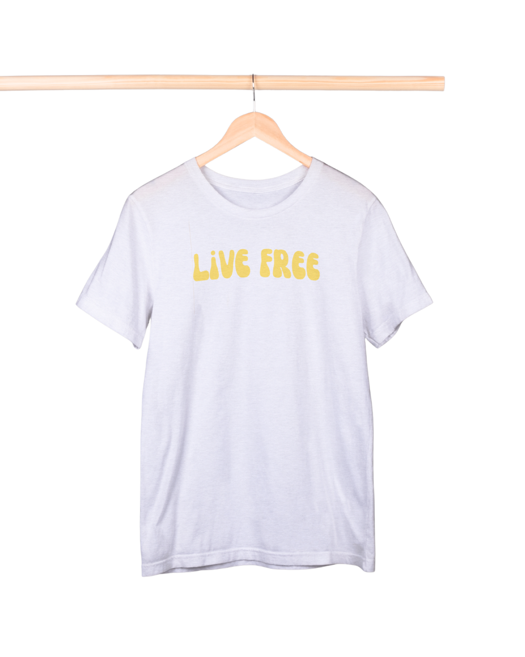 White t-shirt with 'Live Free' text on a hanger against a white background