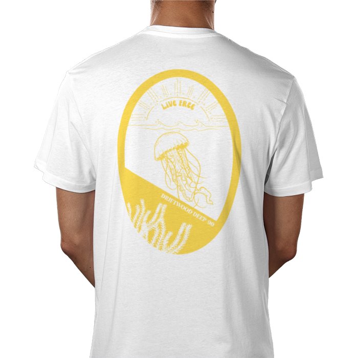 A person wearing a white crew neck t-shirt with a graphic print of a sunbeam yellow jellyfish in the center, from the '90s Collection.