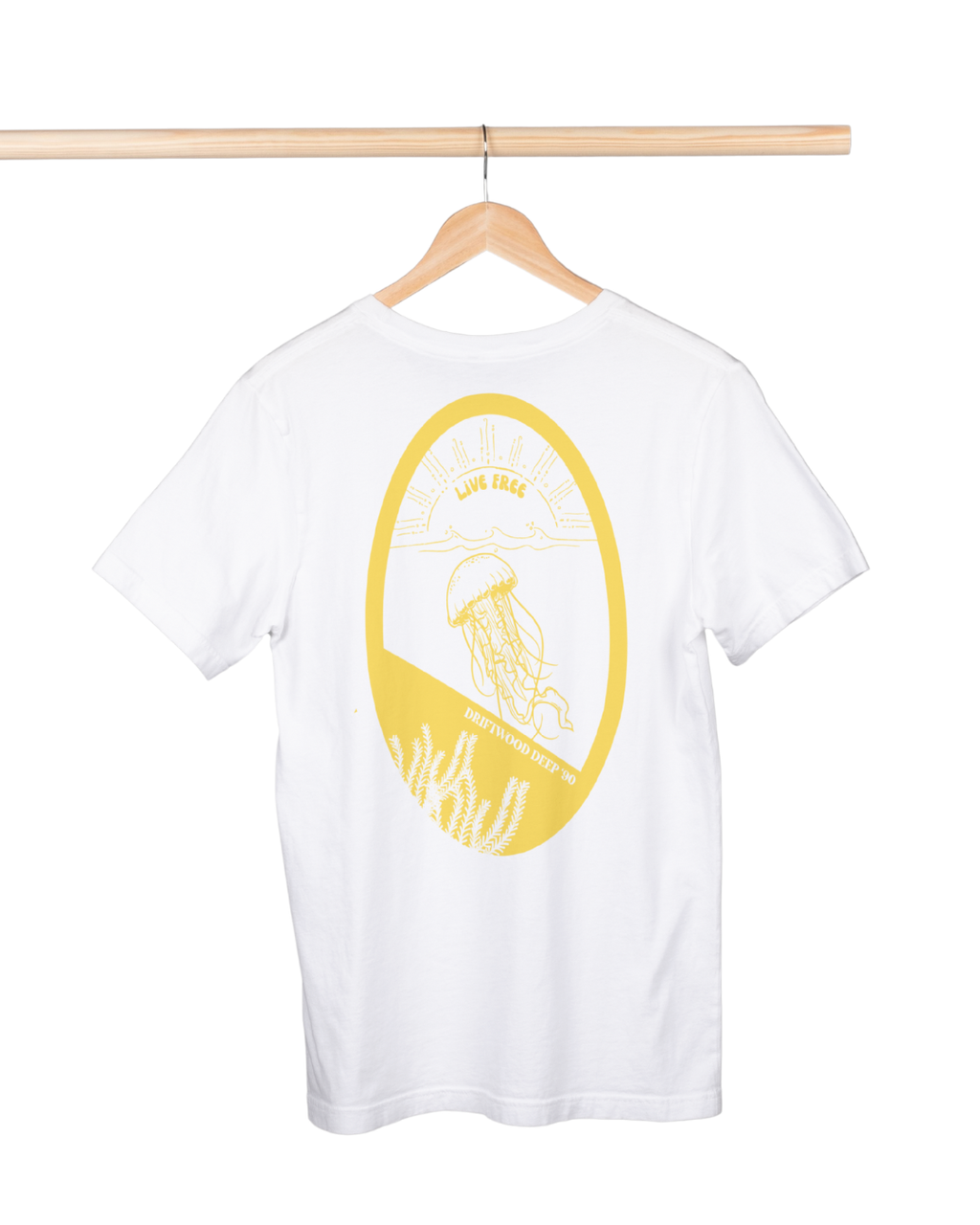 White t-shirt with yellow graphic on a hanger against a white background