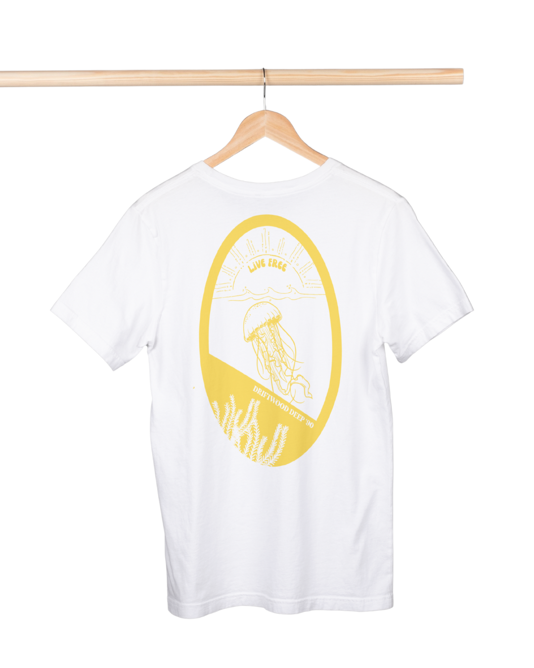 White t-shirt with yellow graphic on a hanger against a white background